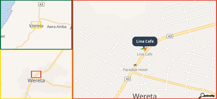 Map showing the address of Lina Cafe in three different zoom levels.