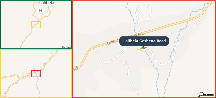 Map showing the address of Lalibela-Geshena-Road in three different zoom levels.