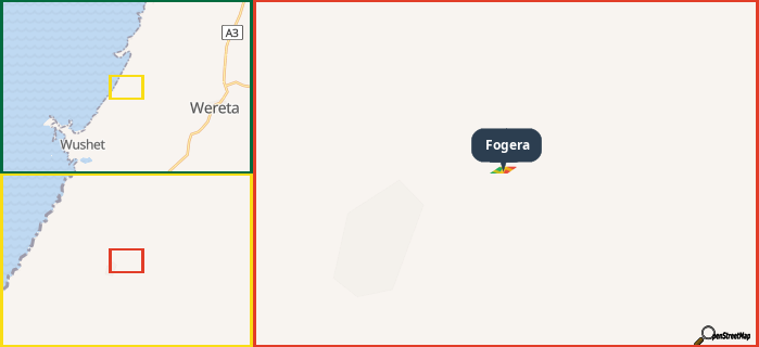 Map showing the address of Fogera in three different zoom levels.