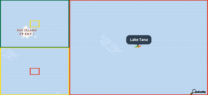 Map showing the address of Lake Tana in three different zoom levels.
