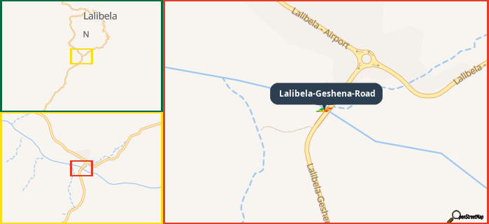 Map showing the address of Lalibela-Geshena-Road in three different zoom levels.