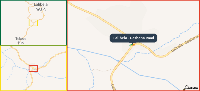 Map showing the address of Lalibela - Geshena Road in three different zoom levels.