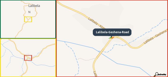 Map showing the address of Lalibela-Geshena-Road in three different zoom levels.