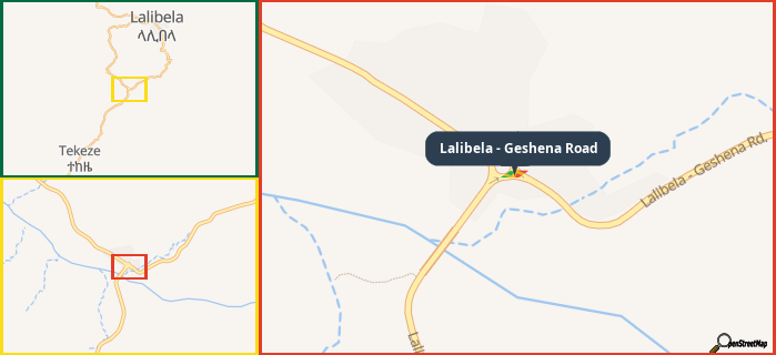 Map showing the address of Lalibela - Geshena Road in three different zoom levels.
