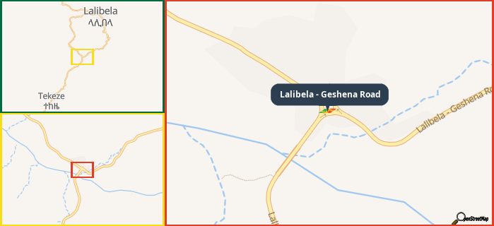Map showing the address of Lalibela - Geshena Road in three different zoom levels.