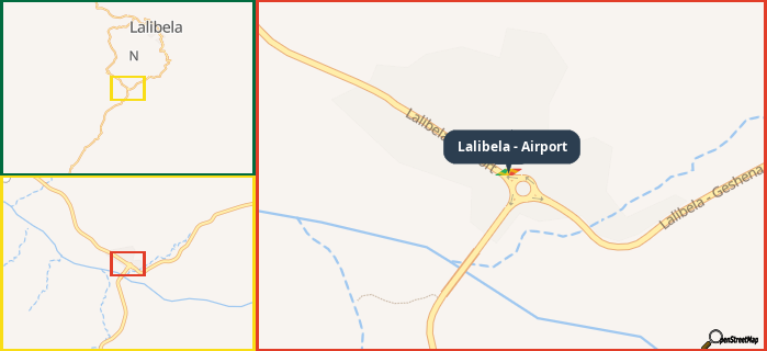 Map showing the address of Lalibela - Airport in three different zoom levels.