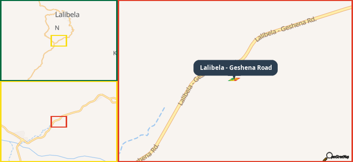 Map showing the address of Lalibela - Geshena Road in three different zoom levels.