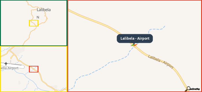 Map showing the address of Lalibela - Airport in three different zoom levels.