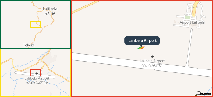 Map showing the address of Lalibela Airport in three different zoom levels.