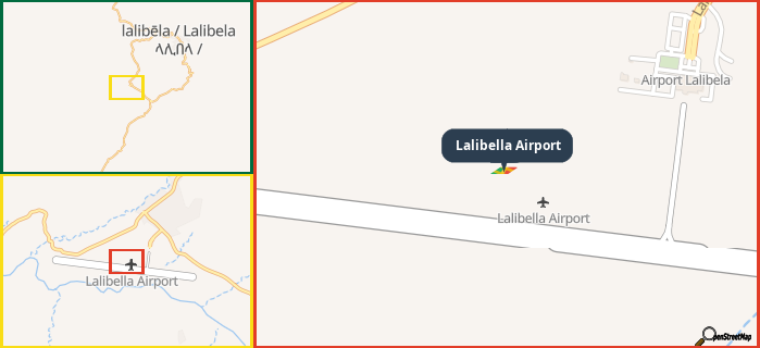 Map showing the address of Lalibella Airport in three different zoom levels.