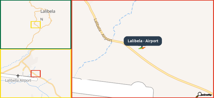 Map showing the address of Lalibela - Airport in three different zoom levels.