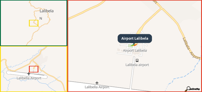 Map showing the address of Airport Lalibela in three different zoom levels.