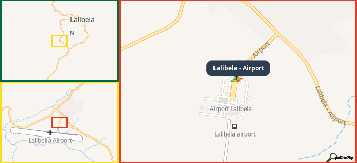 Map showing the address of Lalibela - Airport in three different zoom levels.