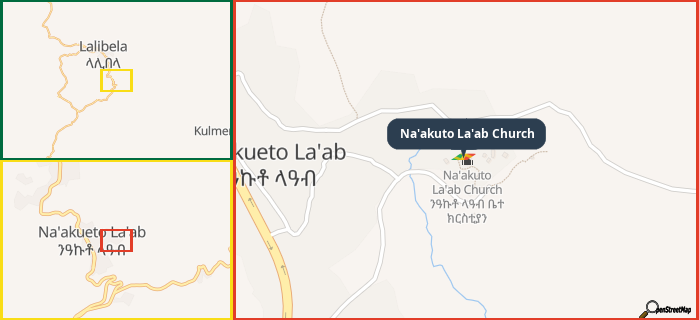 Map showing the address of Na'akuto La'ab Church in three different zoom levels.