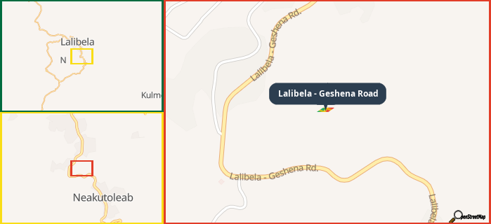 Map showing the address of Lalibela - Geshena Road in three different zoom levels.