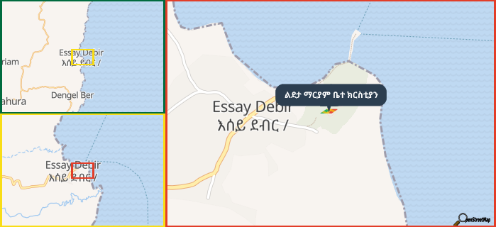 Map showing the address of ልደታ ማርያም ቤተ ክርስቲያን in three different zoom levels.