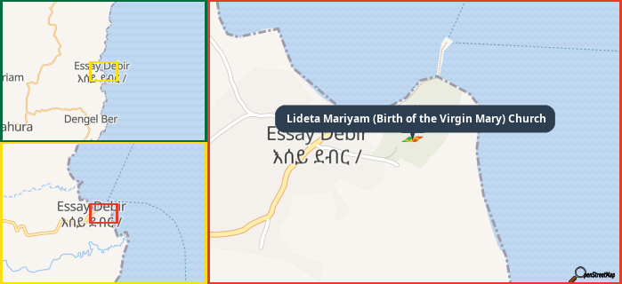 Map showing the address of Lideta Mariyam (Birth of the Virgin Mary) Church in three different zoom levels.