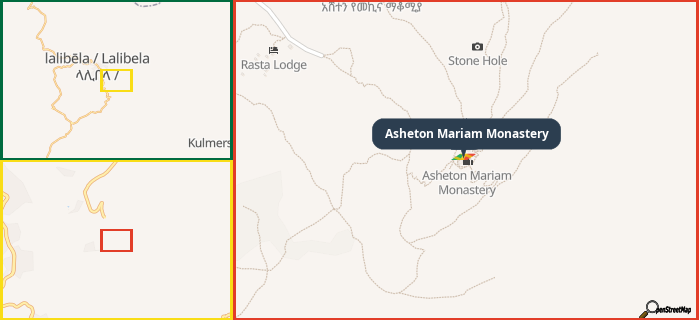 Map showing the address of Asheton Mariam Monastery in three different zoom levels.