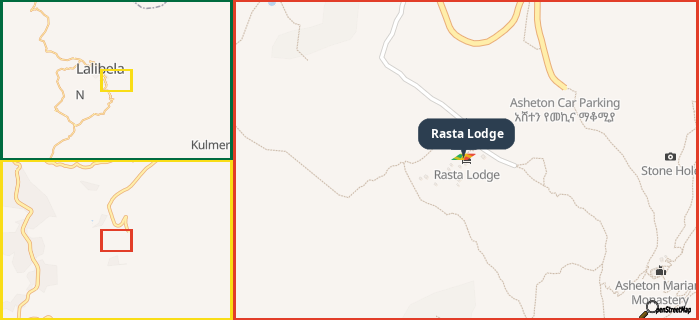 Map showing the address of Rasta Lodge in three different zoom levels.