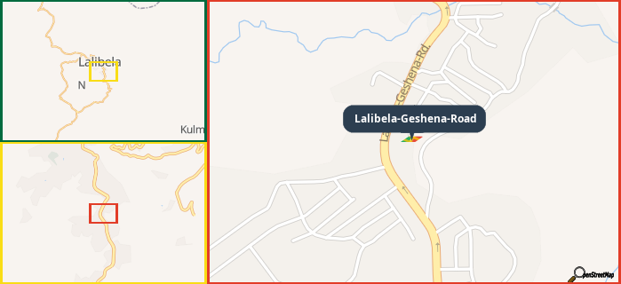 Map showing the address of Lalibela-Geshena-Road in three different zoom levels.