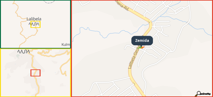 Map showing the address of Zemida in three different zoom levels.