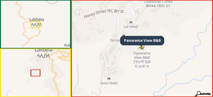 Map showing the address of Panorama View B&B in three different zoom levels.