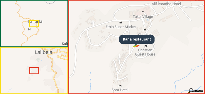 Map showing the address of Kana restaurant in three different zoom levels.