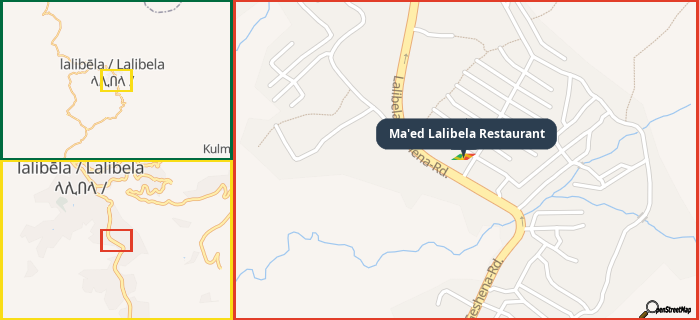 Map showing the address of Ma'ed Lalibela Restaurant in three different zoom levels.