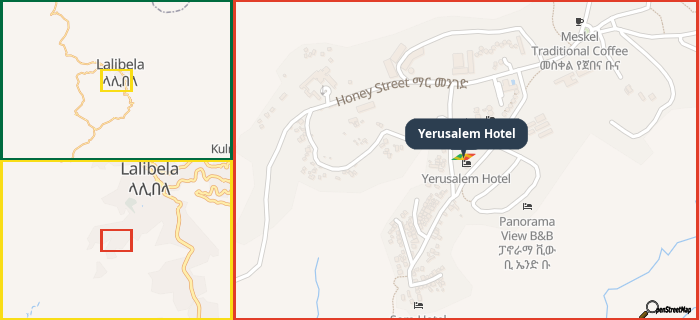 Map showing the address of Yerusalem Hotel in three different zoom levels.