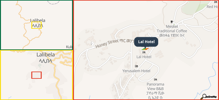 Map showing the address of Lal Hotel in three different zoom levels.