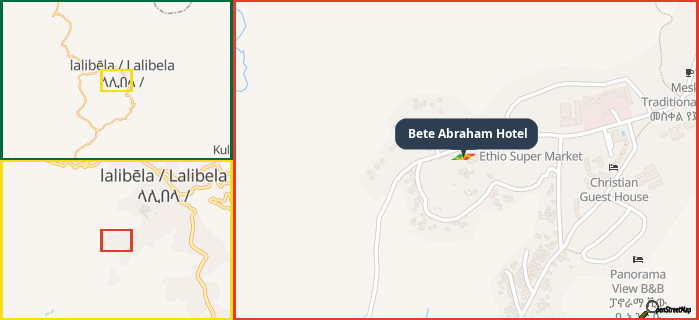 Map showing the address of Bete Abraham Hotel in three different zoom levels.