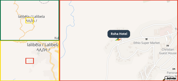 Map showing the address of Roha Hotel in three different zoom levels.