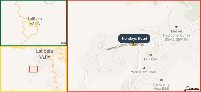 Map showing the address of Holidays Hotel in three different zoom levels.