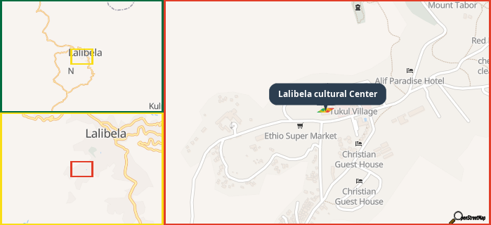 Map showing the address of Lalibela cultural Center in three different zoom levels.