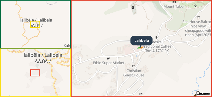 Map showing the address of Lalibela in three different zoom levels.