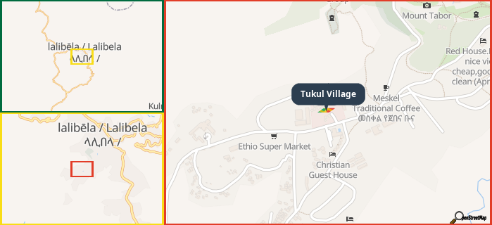 Map showing the address of Tukul Village in three different zoom levels.