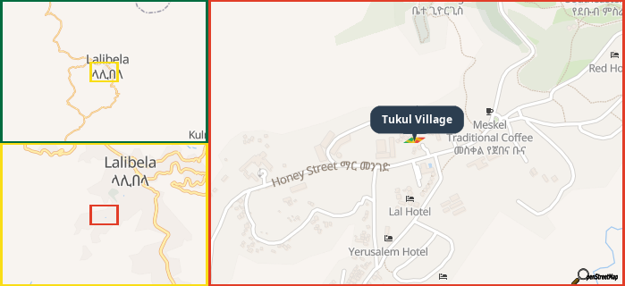 Map showing the address of Tukul Village in three different zoom levels.