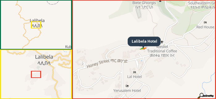 Map showing the address of Lalibela Hotel in three different zoom levels.