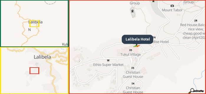 Map showing the address of Lalibela Hotel in three different zoom levels.