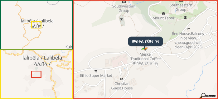 Map showing the address of መስቀል የጀበና ቡና in three different zoom levels.
