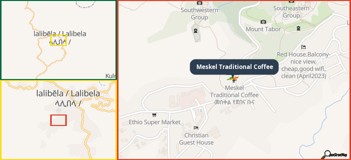 Map showing the address of Meskel Traditional Coffee in three different zoom levels.