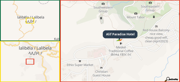 Map showing the address of Alif Paradise Hotel in three different zoom levels.