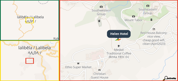 Map showing the address of Helen Hotel in three different zoom levels.