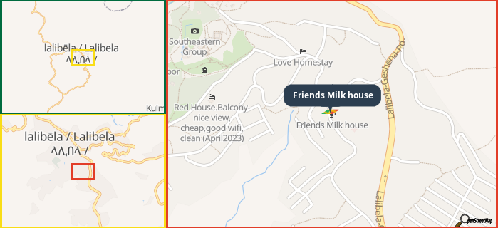 Map showing the address of Friends Milk house in three different zoom levels.