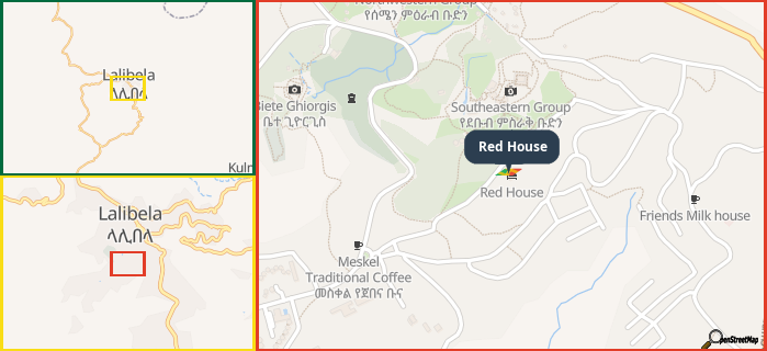 Map showing the address of Red House in three different zoom levels.