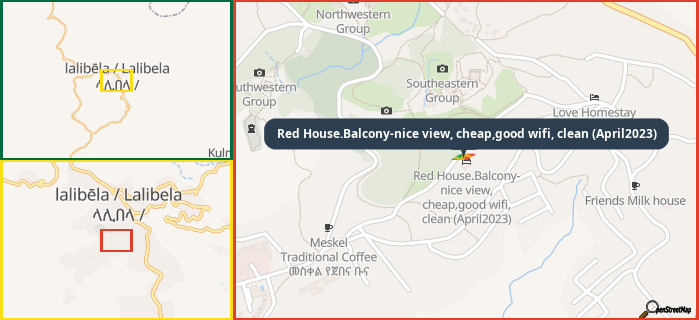 Map showing the address of Red House.Balcony-nice view, cheap,good wifi, clean (April2023) in three different zoom levels.
