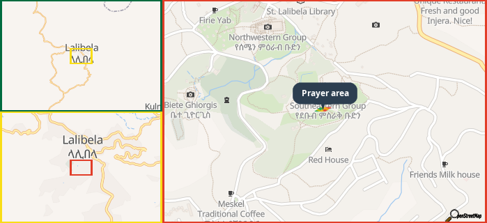 Map showing the address of Prayer area in three different zoom levels.