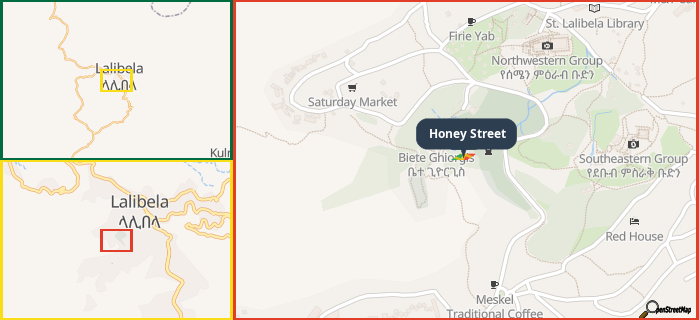 Map showing the address of Honey Street in three different zoom levels.