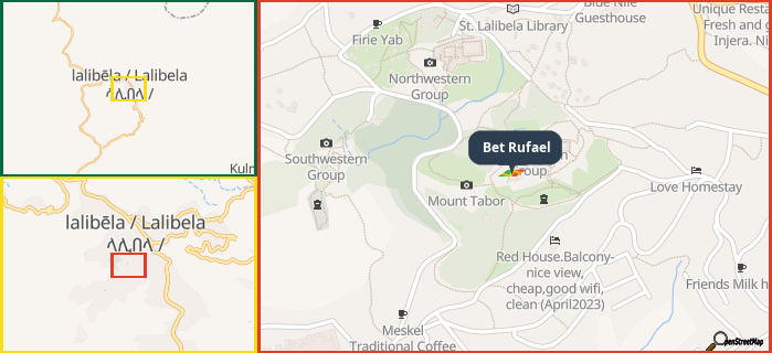 Map showing the address of Bet Rufael in three different zoom levels.