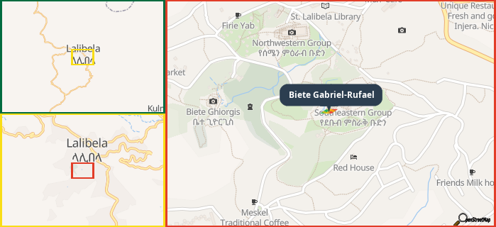 Map showing the address of Biete Gabriel-Rufael in three different zoom levels.